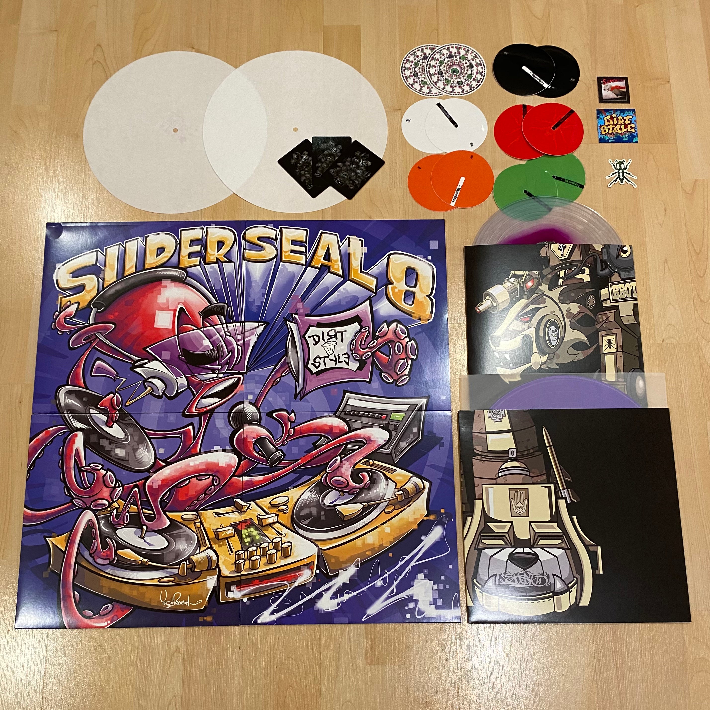 🎁 Superseal 8 Set 12” Vinyl + SUPERSEAL VII R ARM & L FOOT + 2 White Butter Rugs & Table Labels w 3 Mystery Trading Cards!!! WOW!!!